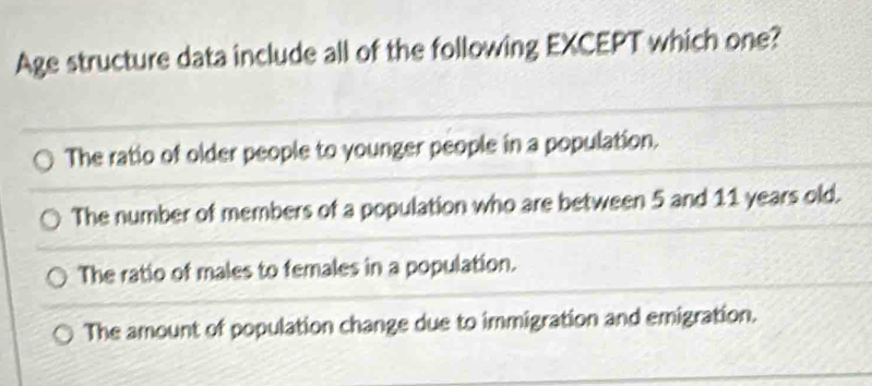 Age structure data include all of the following EXCEPT which one?
The ratio of older people to younger people in a population.
The number of members of a population who are between 5 and 11 years old.
The ratio of males to females in a population.
The amount of population change due to immigration and emigration.