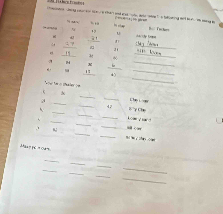 5|l lexture Practice 
Direcsions. Using your soil texture chart and examplxtures using th 
ge 
_ 
36 
_ 
g) __Clay Loam
42
_ 
_ 
h) Siity Clay 
_ 
_ 
D _Loamy sand 
_ 
_ 
D) 52
silt loam 
_ 
sandy clay loam 
Make your own!! 
_ 
_ 
_ 
_ 
_ 
_ 
_ 
_