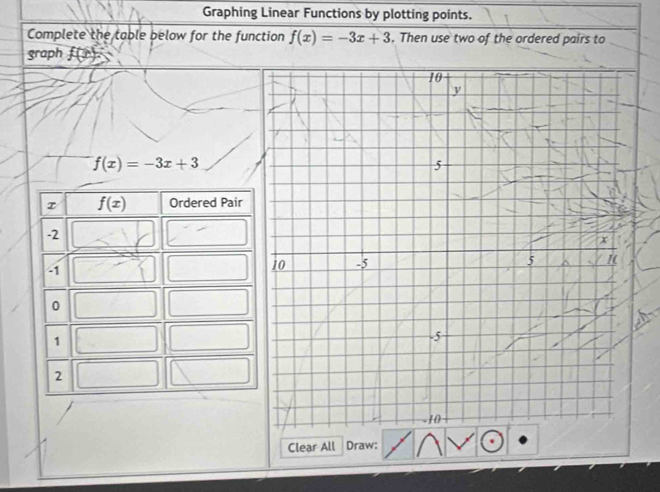 Graphing Linear Functions by plotting points.
Complete the table below for the function f(x)=-3x+3. Then use two of the ordered pairs to
graph f(x):
f(x)=-3x+3
Clear All Draw: