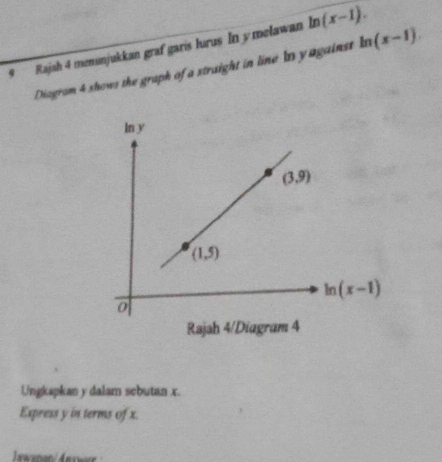 Rajah 4 menunjukkan graf garis lurus In y melawan ln (x-1).
Diagram 4 shows the graph of a straight in line l y against ln (x-1).
Ungkapkan y dalam sebutan x.
Express y in terms of x.