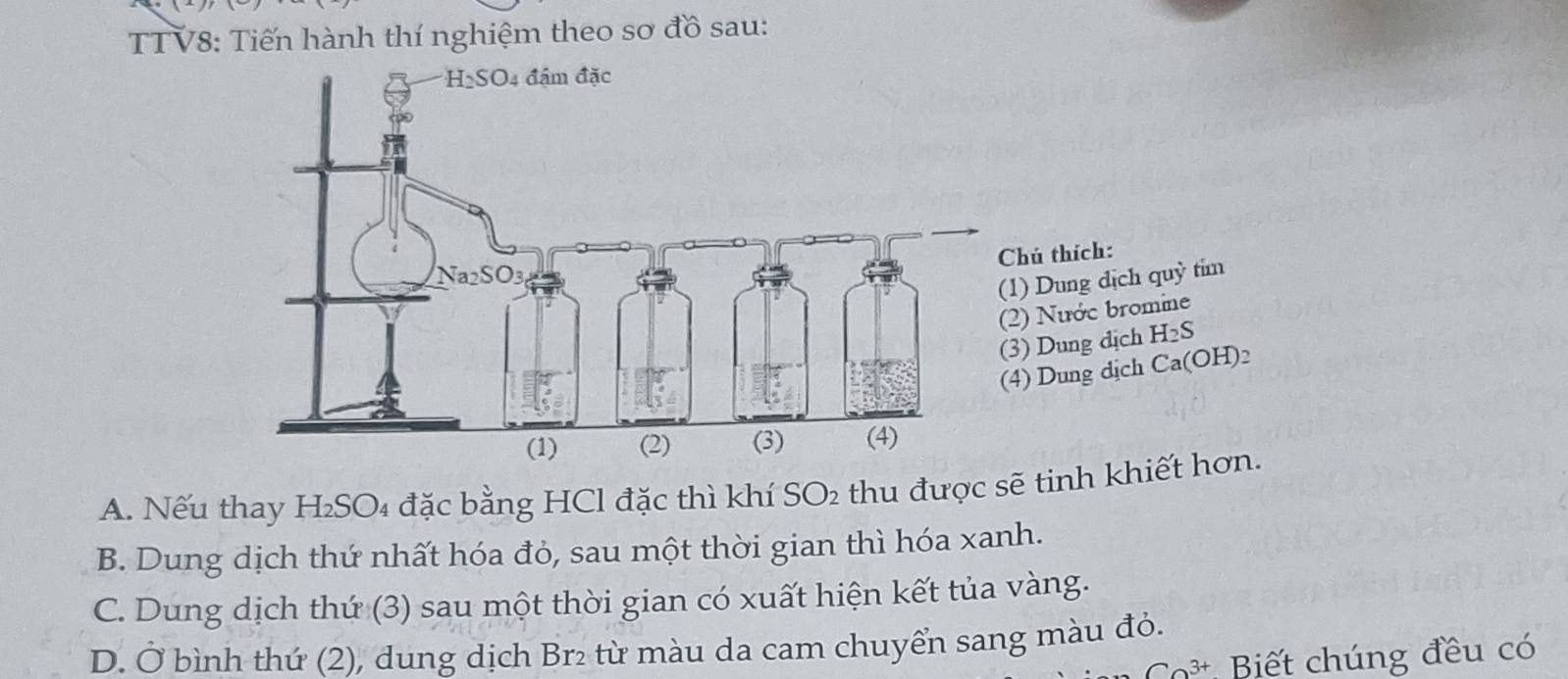 TTV8: Tiến hành thí nghiệm theo sơ đồ sau:
hú thích:
1) Dung dịch quỷ tim
2) Nước bromine
3) Dung dịch H_2S
4) Dung dịch Ca(OH)2
A. Nếu thay H₂SO₄ đặc bằng HCl đặc thì khí SO_2 thu được sẽ tinh khiết hơn.
B. Dung dịch thứ nhất hóa đỏ, sau một thời gian thì hóa xanh.
C. Dung dịch thứ (3) sau một thời gian có xuất hiện kết tủa vàng.
D. Ở bình thứ (2), dung dịch Br₂ từ màu da cam chuyển sang màu đỏ.
C_Omega 3+ Biết chúng đều có