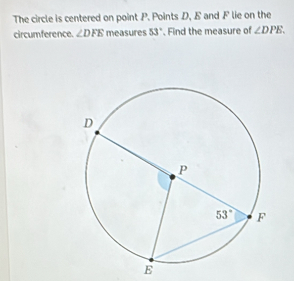 The circle is centered on point P. Points D, E and F lie on the
circumference. ∠ DFE measures 53°.Find the measure of ∠ DPE.
E