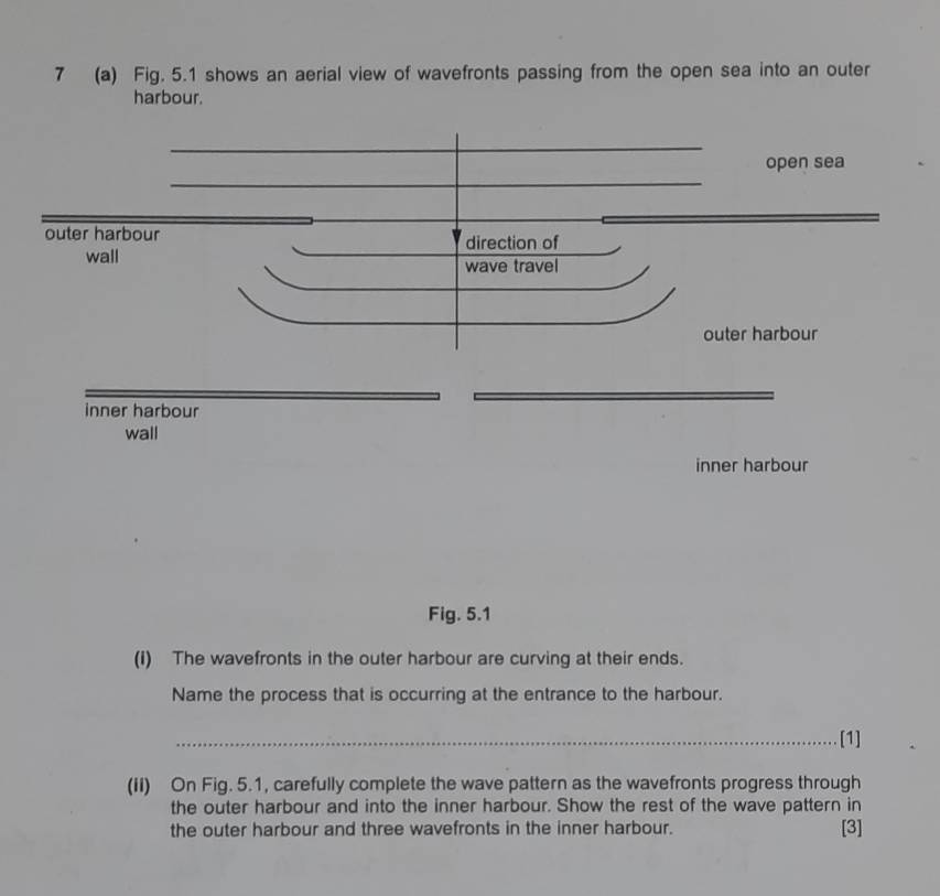 7 (a) Fig. 5.1 shows an aerial view of wavefronts passing from the open sea into an outer 
harbour. 
Fig. 5.1 
(I) The wavefronts in the outer harbour are curving at their ends. 
Name the process that is occurring at the entrance to the harbour. 
_[1] 
(ii) On Fig. 5.1, carefully complete the wave pattern as the wavefronts progress through 
the outer harbour and into the inner harbour. Show the rest of the wave pattern in 
the outer harbour and three wavefronts in the inner harbour. 
[3]