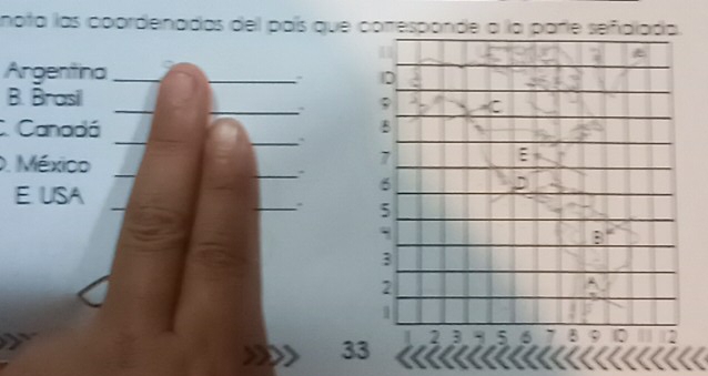 nota las coordenadas del país que correspande a la pare sefidlada. 
Argentina __D 
_ 
B. Brasil _; 
_ 
_ 
Canadá B 
_ 
. México_ 
7 
E USA 
6 
: 
_ 
_. 5
`
3
2
1
I 2 3 5 6 ` 5;
33