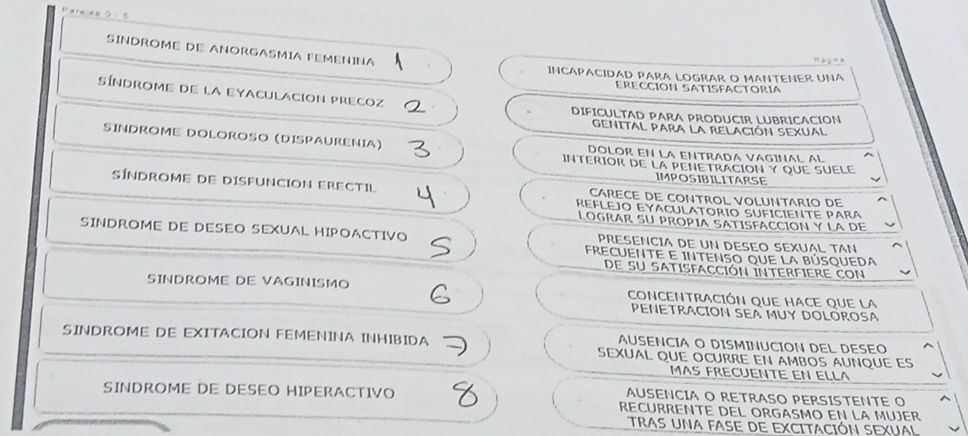 SINDROME DE ANORGASMIA FEMENINA 
INCAPACIDAD PARA LOGRAR O MANTENER UNA 
ERECCION SATISFACTORía 
Síndrome de la eyaculacion precoz DIFICULTAD PARA PRODUCIR LUBRICACION 
GENITAL PARA LA RELACIóN SEXUAL 
SINDROME DOLOROSO (DISPAURENIA) DOLOR EN LA ENTRADA VAGINAL AL 
INTERIOR DE LA PENETRACION Y QUE SUELE 
IMPOSIBILITARSE 
SÍNDROME DE DISFUNCION ERECTIL REFLEJO EYACULATORIO SUFICIENTE PARA 
CARECE DE CONTROL VOLUNTARIO DE 
LOGRAR SU PROPIA SATISFACCION Y LA DE 
SINDROME DE DESEO SEXUAL HIPOACTIVO FRECUENTE E INTENSO qUE LA BÚSQUEDA 
PRESENCIA DE UN DESEO SEXUAL TAN 
DE SU SATISFACCIÓN INTERFIERE CON 
SINDROME DE VAGINISMO CONCENTRACIÓN QUE HACE QUE LA 
PENETRACION SEA MUY DOLOROSA 
AUSENCIA O DISMINUCION DEL DESEO 
SINDROME DE EXITACION FEMENINA INHIBIDA SEXUAL QUE OCURRE EN AMBOS AUNQUE ES 
MAS FRECUENTE EN ELLA 
AUSENCIA O RETRASO PERSISTENTE O 
SINDROME DE DESEO HIPERACTIVO RECURRENTE DEL ORGASMO EN LA MUJER 
TRAS UNA FASE DE EXCITACIÓN SEXUAL