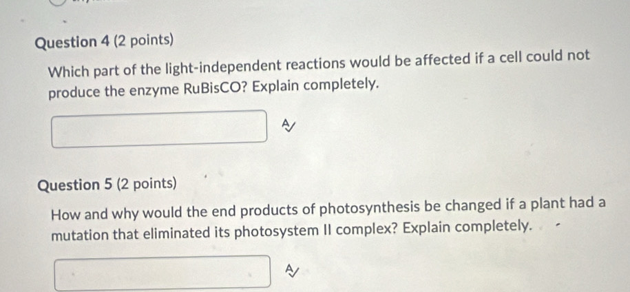 Which part of the light-independent reactions would be affected if a cell could not 
produce the enzyme RuBisCO? Explain completely. 
A 
Question 5 (2 points) 
How and why would the end products of photosynthesis be changed if a plant had a 
mutation that eliminated its photosystem II complex? Explain completely.