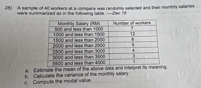 A sample of 40 workers at a company was randomly selected and their monthly salaries 
were summarized as in the following table. ----Dec 16
a. Estimate the mean of the above data and interpret its meanin 
b. Calculate the variance of the monthly salary. 
c. Compute the modal value.