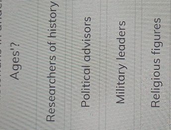 Ages'?
Researchers of history
Political advisors
Military leaders
Religious figures