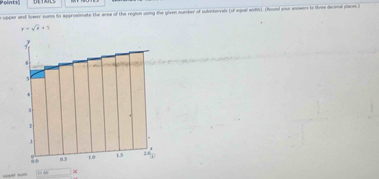 Points) DETAILS 
e upper and lower sums to approximate the area of the region using the given number of subintervals (of equal width). (Round your answers to three decimal places.)
y=sqrt(x)+5
upper sum 1160