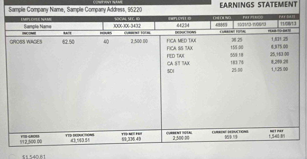 COMPANY NAME 
EARNINGS STATEMENT
$1.540.81