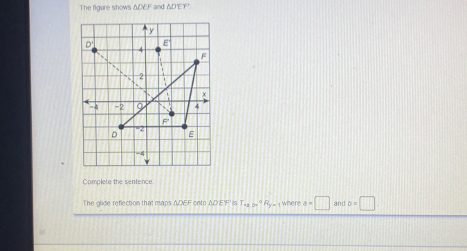 The figure shows △ DEF and △ D'E'F'
Complete the sentence.
The glide reflection that maps △ DEF onto △ D'E'F' is Teabab=^circ R_y=1 where a=□ and b=□