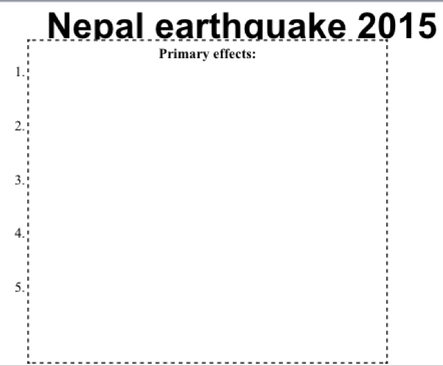 Nepal earthquake 2015 
Primary effects: 
1. 
2. 
3. 
4. 
5.