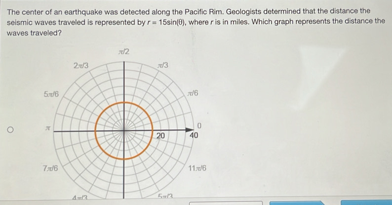 The center of an earthquake was detected along the Pacific Rim. Geologists determined that the distance the
seismic waves traveled is represented by r=15sin (θ ) , where r is in miles. Which graph represents the distance the
waves traveled?
Δπ/2