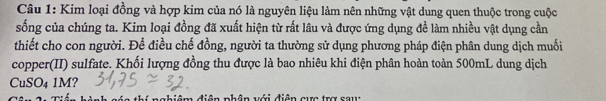 Kim loại đồng và hợp kim của nó là nguyên liệu làm nên những vật dung quen thuộc trong cuộc 
sống của chúng ta. Kim loại đồng đã xuất hiện từ rất lâu và được ứng dụng đề làm nhiều vật dụng cần 
thiết cho con người. Để điều chế đồng, người ta thường sử dụng phương pháp điện phân dung dịch muối 
copper(II) sulfate. Khối lượng đồng thu được là bao nhiêu khi điện phân hoàn toàn 500mL dung dịch 
CuSO4 1M? 
nghiệm điện phận với điện cực trợ sau