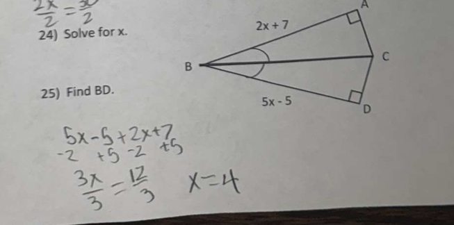 Solve for x.
25) Find BD.