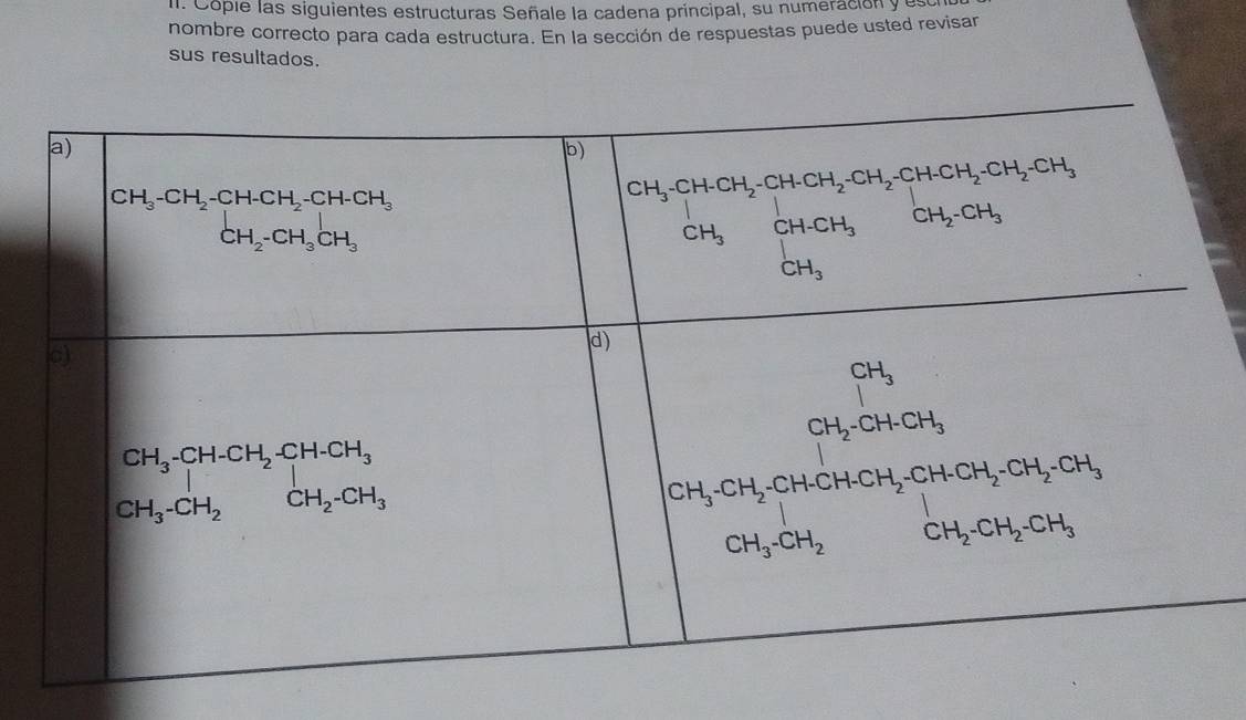 Cople las siguientes estructuras Señale la cadena príncipal, su numeración y e
nombre correcto para cada estructura. En la sección de respuestas puede usted revisar
sus resultados.