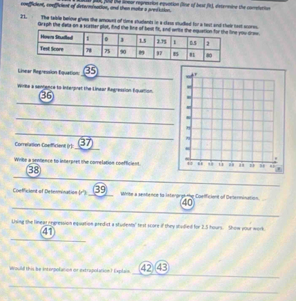 ts pot fos the linear regression equation (line of best fit), determine the correlation 
coefficient, coefficient of determination, and then make a prediction. 
21. The table below gives the amount of time students in a class studled for a test and their test scores. 
Graph the data on a scatter plot, find the line of best fie you draw 
Linear Regression Equation: 35
_ 
Write a sentence to interpret the Linear Regression Equation. 
_ 
36 
_ 
_ 
Correlation Coefficient (r): 37
_ 
Write a sentence to interpret the correlation coefficient. 
38 
_ 
Coefficient of Determination (r°): _39 Write a sentence to interpro tthe Coefficient of Determination. 
40 
_ 
Using the linear regression equation predict a students' test score if they studied for 2.5 hours. Show your work. 
41 
_ 
Would this be interpolation or extrapolation? Explain. ④2 ④3 
_ 
_