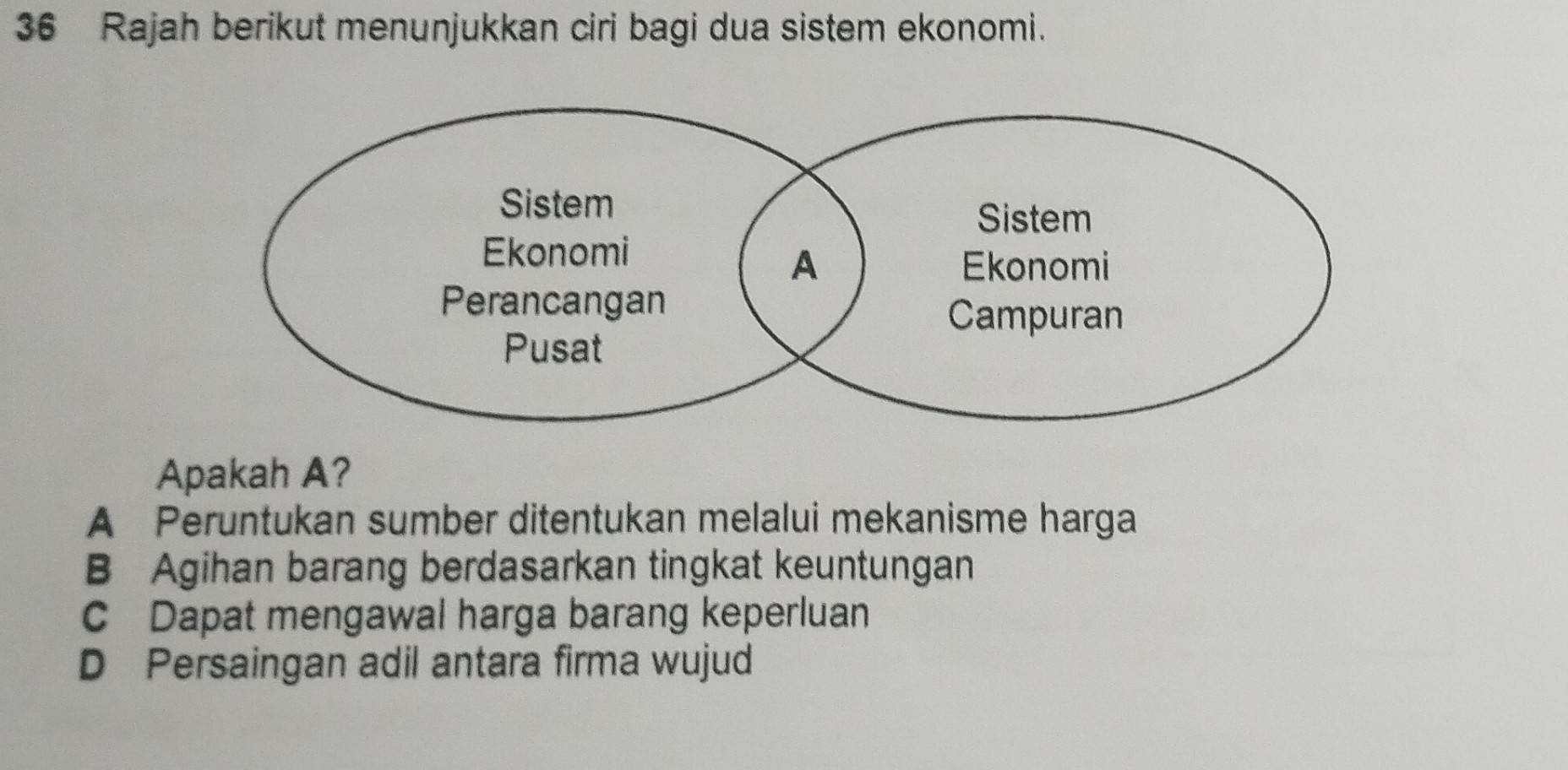 Rajah berikut menunjukkan ciri bagi dua sistem ekonomi.
Apakah A?
A Peruntukan sumber ditentukan melalui mekanisme harga
B Agihan barang berdasarkan tingkat keuntungan
C Dapat mengawal harga barang keperluan
D Persaingan adil antara firma wujud