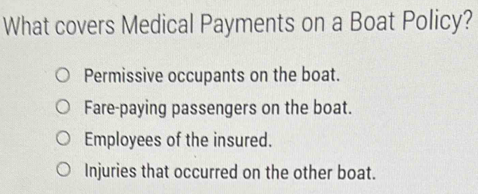 What covers Medical Payments on a Boat Policy?
Permissive occupants on the boat.
Fare-paying passengers on the boat.
Employees of the insured.
Injuries that occurred on the other boat.