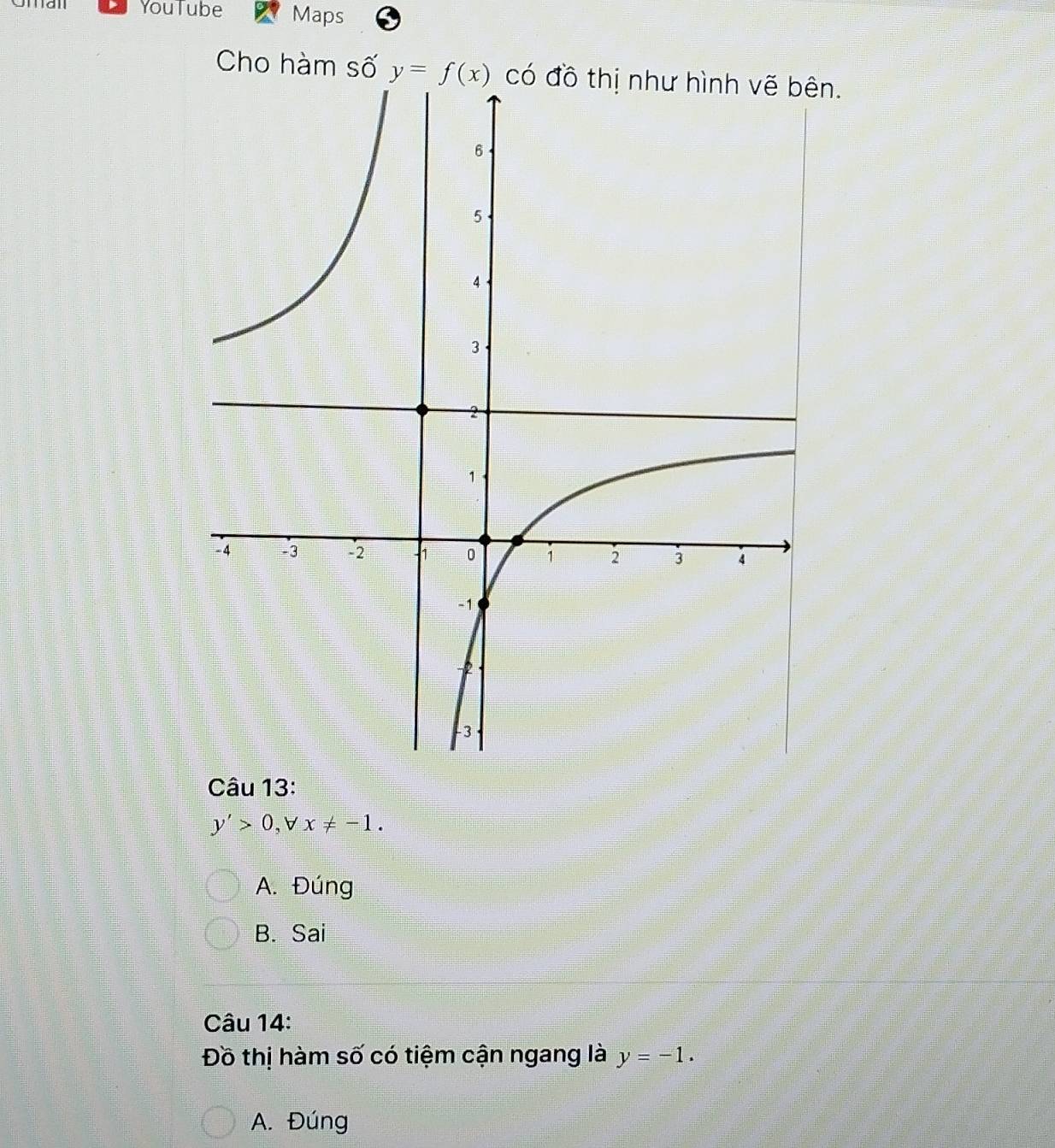 YouTube Maps
Cho hàm số .
Câu 13:
y'>0, V x!= -1.
A. Đúng
B. Sai
Câu 14:
Đồ thị hàm số có tiệm cận ngang là y=-1.
A. Đúng