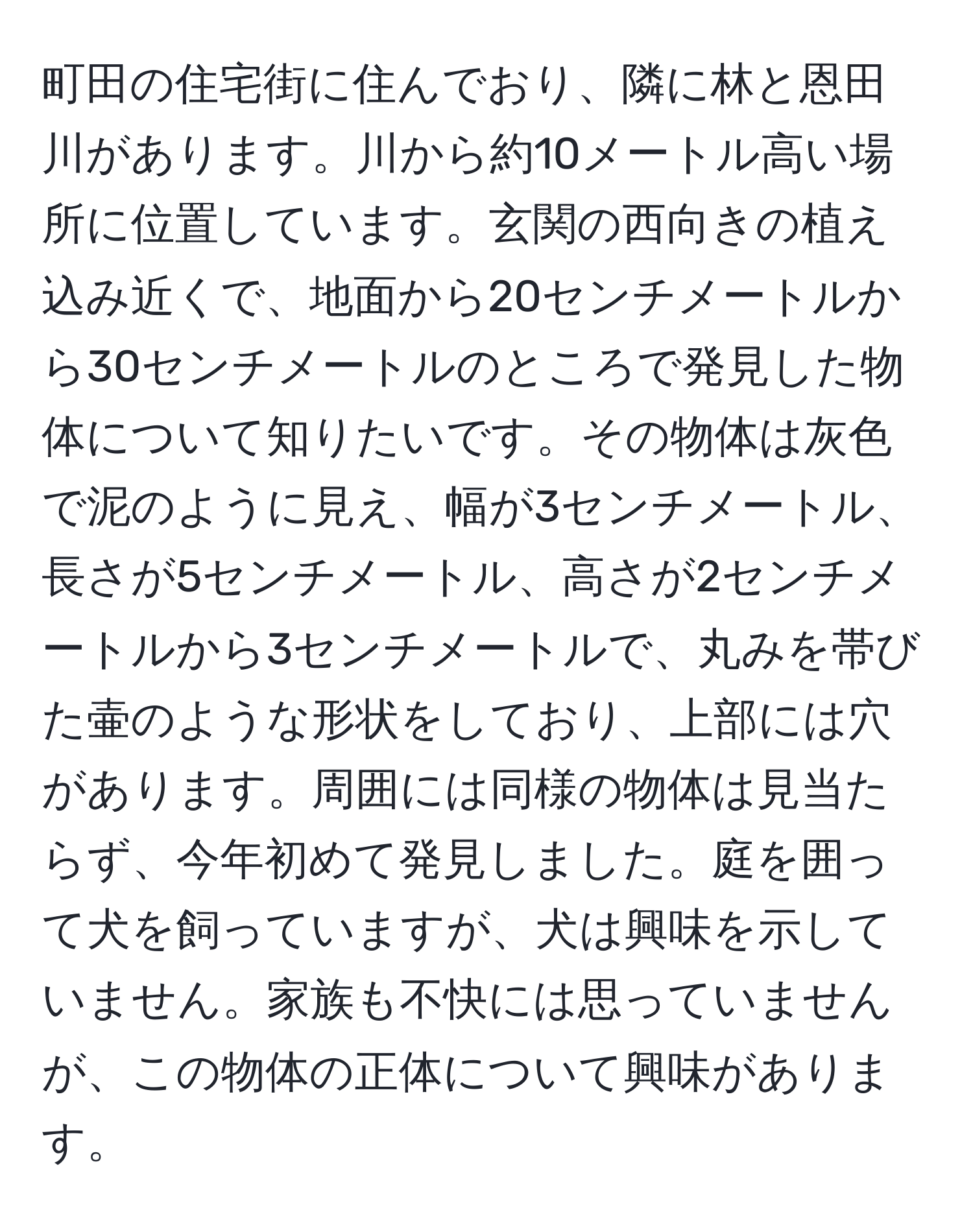 町田の住宅街に住んでおり、隣に林と恩田川があります。川から約10メートル高い場所に位置しています。玄関の西向きの植え込み近くで、地面から20センチメートルから30センチメートルのところで発見した物体について知りたいです。その物体は灰色で泥のように見え、幅が3センチメートル、長さが5センチメートル、高さが2センチメートルから3センチメートルで、丸みを帯びた壷のような形状をしており、上部には穴があります。周囲には同様の物体は見当たらず、今年初めて発見しました。庭を囲って犬を飼っていますが、犬は興味を示していません。家族も不快には思っていませんが、この物体の正体について興味があります。