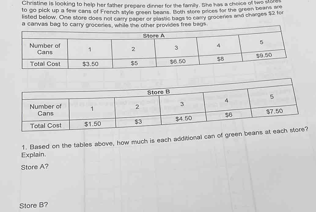 Christine is looking to help her father prepare dinner for the family. She has a choice of two stores 
to go pick up a few cans of French style green beans. Both store prices for the green beans are 
listed below. One store does not carry paper or plastic bags to carry groceries and charges $2 for 
a canvas bag to carry groceries, while the other provides free bags. 
1. Based on the tables above, how much is each additional can of green beans at eac 
Explain. 
Store A? 
Store B?
