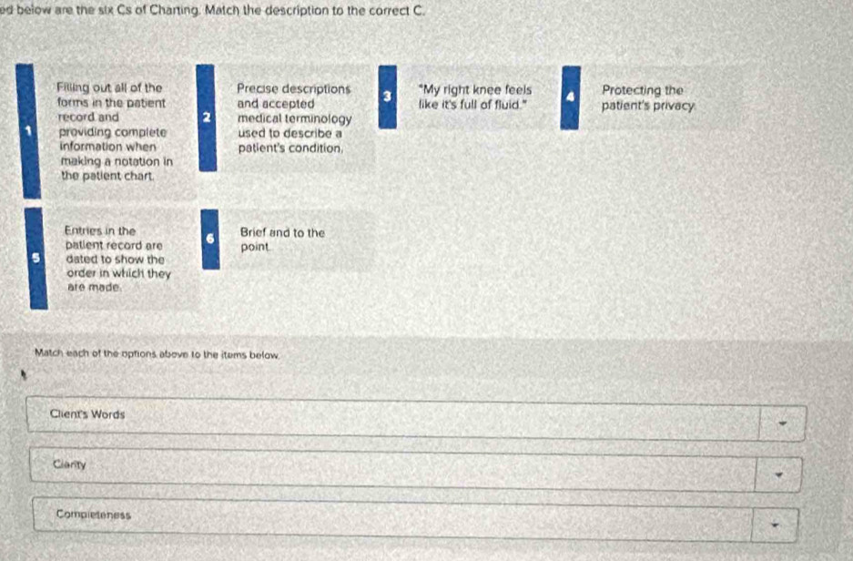 ed below are the six Cs of Charting. Match the description to the correct C. 
Filling out all of the Precise descriptions *My right knee feels a Protecting the 
forms in the patient and accepted 3 like it's full of fluid." patient's privacy 
record and 2 medical terminology 
1 providing complete used to describe a 
information when patient's condition, 
making a notation in 
the patient chart. 
Brief and to the 
Entries in the 6 point. 
patlent record are 
5 dated to show the 
order in which they 
are made. 
Match each of the options above to the items below 
Client's Words 
Clarity 
Completeness