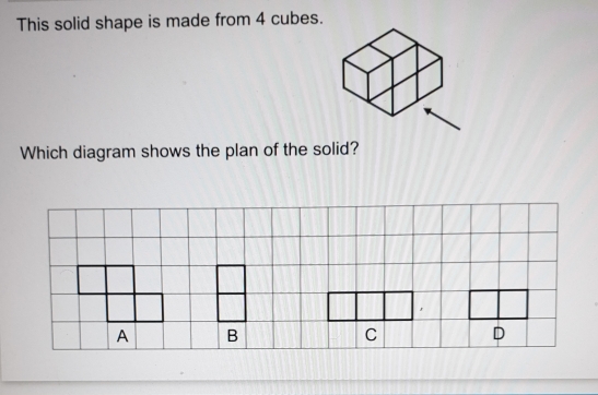 This solid shape is made from 4 cubes.
Which diagram shows the plan of the solid?
B