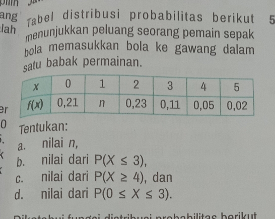 ang Tabel distribusi probabilitas berikut 5
lah menunjukkan peluang seorang pemain sepak
bola memasukkan bola ke gawang dalam 
satu babak permainan.
0 Tentukan:
a. nilai n,
b. nilai dari P(X≤ 3),
c. nilai dari P(X≥ 4) , dan
d. nilai dari P(0≤ X≤ 3).