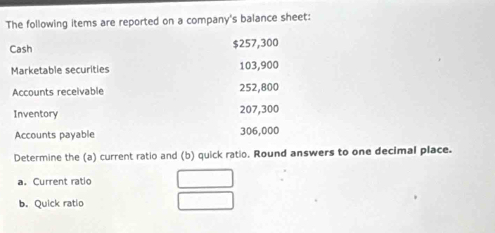 The following items are reported on a company's balance sheet: 
Cash $257,300
Marketable securities 103,900
Accounts receivable 252,800
Inventory 207,300
Accounts payable 306,000
Determine the (a) current ratio and (b) quick ratio. Round answers to one decimal place. 
a. Current ratio 
b. Quick ratio