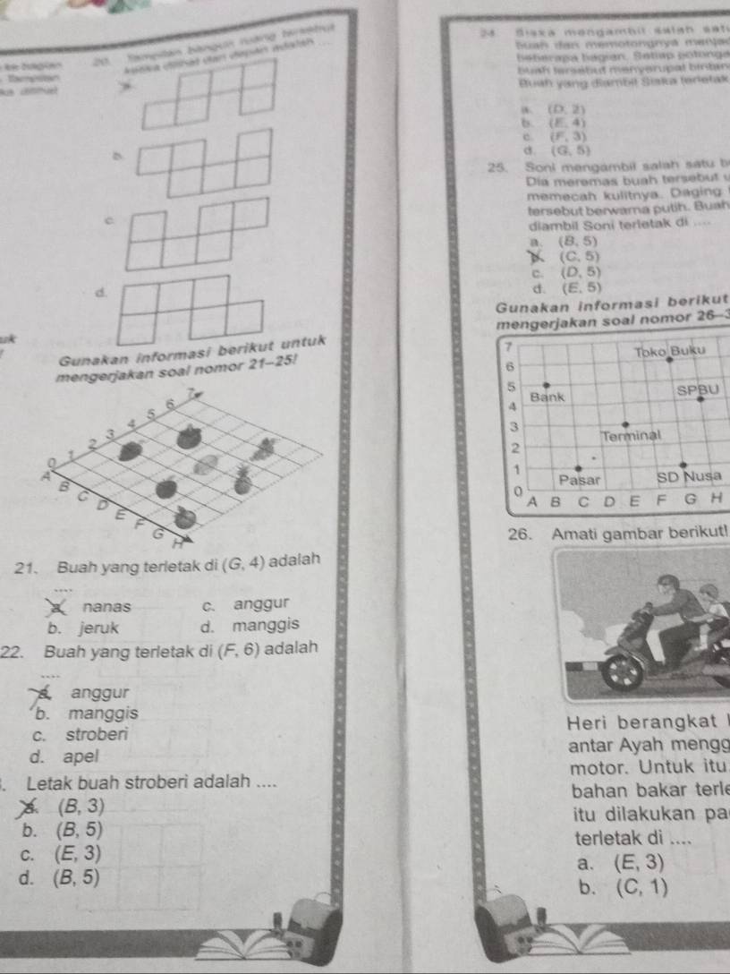 tág ino 20. Tampitan bangun nuàng trstrut
24 Sisxa mongamb it salgh sat
Buan dan memotongnyá marja
beberapa bágian. Setlap potonga
tampson bush terebut menverupal bintan
As conmuel Đuah yạng đìambił Siaka (eretak
a. (0,2)
b. (E,4)
e. (F,3)
D
d. (G,5)
25. Soni mengambil salah satu b
Dia meremas buah tersebut
memecah kulitnya. Daging
tersebut berwama putih. Buah
c
diambil Soni terletak di .
a. (8,5)
(C,5)
C. (D,5)
d.
d. (E,5)
Gunakan informasi berikut
mengerjakan soal nomor 26-
uk
Toko Buku
Gunakan informasi berikut untuk
mengerjakan soal nomor 21-25 7
6
5
Bank SPBU
4
3
Terminal
2
1
SD Nusa
Pasar
0
A B C D E
F G H
26. Amati gambar berikut!
21. Buah yang terletak di (G,4) adalah
nanás c. anggur
b. jeruk d. manggis
22. Buah yang terletak di (F,6) adalah
anggur
b. manggis
c. stroberi Heri berangkat
d. apel antar Ayah mengg
. Letak buah stroberi adalah .... motor. Untuk itu
bahan bakar terle
(B,3) itu dilakukan pa
b. (B,5) terletak di ....
C. (E,3)
a. (E,3)
d. (B,5) b. (C,1)