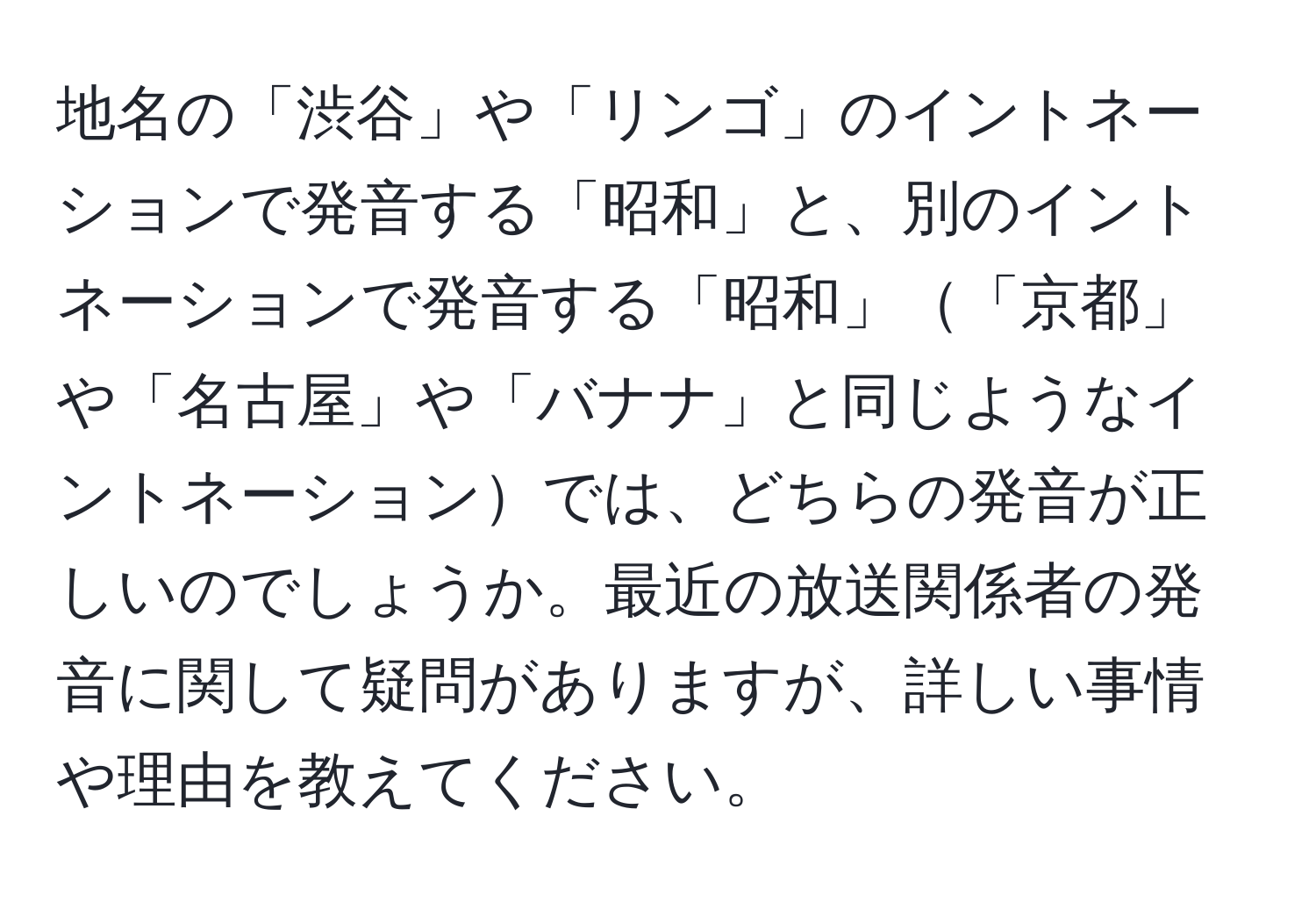 地名の「渋谷」や「リンゴ」のイントネーションで発音する「昭和」と、別のイントネーションで発音する「昭和」「京都」や「名古屋」や「バナナ」と同じようなイントネーションでは、どちらの発音が正しいのでしょうか。最近の放送関係者の発音に関して疑問がありますが、詳しい事情や理由を教えてください。