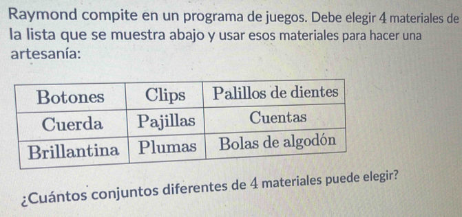 Raymond compite en un programa de juegos. Debe elegir 4 materiales de 
la lista que se muestra abajo y usar esos materiales para hacer una 
artesanía: 
¿Cuántos conjuntos diferentes de 4 materiales puede elegir?