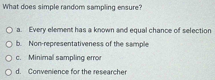 What does simple random sampling ensure?
a. Every element has a known and equal chance of selection
b. Non-representativeness of the sample
c. Minimal sampling error
d. Convenience for the researcher