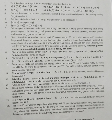 Tentukan bentuk fungsi linier dari koordinat-koordinat berikut ini :
2. a) A(3,7) dan B(12,6) b) A(3,4) dan B(-3,-4) c) A(12,3) dan B(-5,7)
3. d) A( 1/2 ,- 3/4 ) dan B(-3,-5) e) A(4,3) dan B(-3,-2) f) A(4,7) dan B ( 1/3 ,- 1/4 )
. Berdasarkan soal nomor satu, pasangan koordinat di atas, tentukan nilai gradien dari masing-masing
fungsi tersebut !
5. Buktikan ekuivalensi berikut ini tanpa menggunakan tabel keberaran !
a) (qRightarrow p)Leftrightarrow (sim pRightarrow sim q)
b) (pRightarrow (qRightarrow r))Leftrightarrow ((pwedge q)Rightarrow r)
6. Sekelompok mahasiswa terdiri dari 2525 orang. Terdapat 1414 orang gemar berenang, 1515 orang
gemar sepak bola, dan yang tidak gemar keduanya 55 orang. Dari data tersebut, tentukan jumlah
mahasiswa yang gemar keduanya !
7. Suatu kompleks perumahan mempunyai 43 orang warga, 35 orang diantaranya aktif mengikuti
kegiatan olahraga, sedangkan sisanya tidak mengikuti kegiatan apapun. Kegiatan bola voll diikuti 17
orang, tenis 19 orang, dan catur 22 orang. Warga yang mengikuti bola voli dan catur 12 orang, bola
voli dan tenis 7 orang, sedangkan tenis dan catur 9 orang. Dar data tersebut, tentulkan jumliah
warga yang mengkuti kegiatan bola voli, tenis, dan catur !
8. Diketahui data sebagai berikut : n(A-B)=3x+60;n(A∩ B)=x^2;n(B-A)=5x;n(A∪ B)=300
Dari data tersebut tentukan n(A) !
9, Diketahui A= x|x^2+4x-32≤ 0 , x bilangan real; B= x||x-2|x>1,x∈ Asli ;C=
 x|sqrt(4-x)≤ 1,x∈ ∠ AC 》 Dari data tersebut tentukan (A∩ B∩ C)
10. Suatu survei dilakukan terhadap 100 orang, didapatkan bahwa, 60 orang memiliki radio, 25 orang
memiliki TV, 30 orang tidak memiliki radio maupun TV. Dari data tersebut, tentukan berapa crang
yang memiliki radio dan TV !
11. Jika himpunan K= x|x positif dan x^2+5x+6=0. Dari data tersebut, tentukan himpunan
bagian dari K 
12. Diketahui bahwa, semesta S=N=H Himpunan Bilangan Asli, P= 1,2,3,4,5,6 ,Q=
 4,5,6,7,8,9 Jika P' adalah komplemen dari P, tentukan P^2-Q^4!
13. Jelaskan fungsi dan peran matematika di dalam kehidupan sehari-hari (minimal 5) !
14. Dalam suatu kelas terdiri dari 40) mahasiswa. 25 orang mahsiswa gemar bermain pingpong, 18 orang
mahasiswa gemar bermain sepak bola, dan terdapat 7 orang mahasiswa tidak gemar terhadap olah
raga tersebut. Dari data tersebut, tentukan banyāknya mahasiswa yang gemar kedua olah raga
tersebut !
15. Jika himpunan H= x| x positif dan x^2-3x-10=0). Dari data tersebut, tentukan himpunar
bagian dari H!
16. Negara ABC memiliki tim sepak bola yang berjumlah 50 pemain.Jumlah pemain yang jago di posisi
penyerang sebanyak 30 orang dan 15 orang lain jago menyerang sekaligus bertahan.Sebanyak 10
orang dalam tim tersebut tidak mahir memainkan posisi sebagai penyerang maupun bertahan.
Berapakah pemain dari tim tersebut yang hanya jago dalam posisi bertahan?
ekonomis '