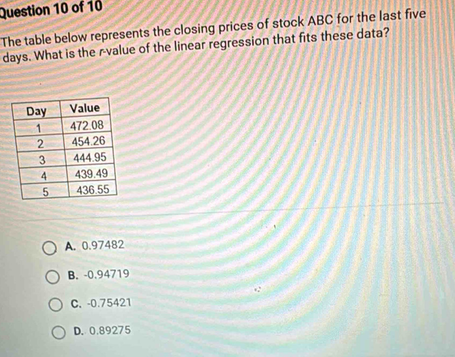 The table below represents the closing prices of stock ABC for the last five
days. What is the r -value of the linear regression that fits these data?
A. 0.97482
B. -0.94719
C. -0.75421
D. 0.89275