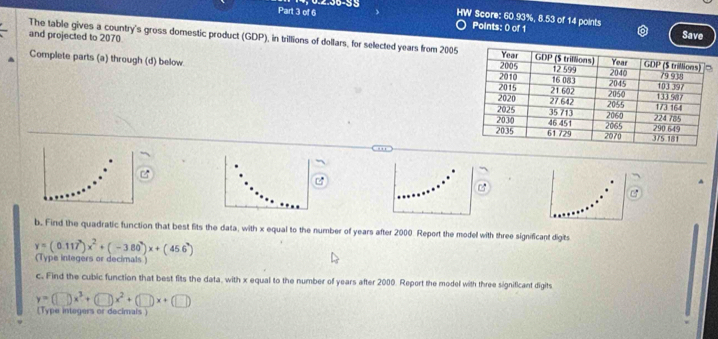 HW Score: 60.93%, 8.53 of 14 points Save
Points: 0 of 1
The table gives a country's gross domestic product (GDP), in trillions of dollars, for selected years from 2005
and projected to 2070 
Complete parts (a) through (d) below 
b. Find the quadratic function that best fits the data, with x equal to the number of years after 2000 Report the model with three significant digits
y=(0.117^3)x^2+(-380^2)x+(456^2)
(Type integers or decimats )
c. Find the cubic function that best fits the data, with x equal to the number of years after 2000. Report the model with three significant digits
y=(□ )x^3+(□ )x^2+(□ )x+(□ )
(Type integers or decimals )