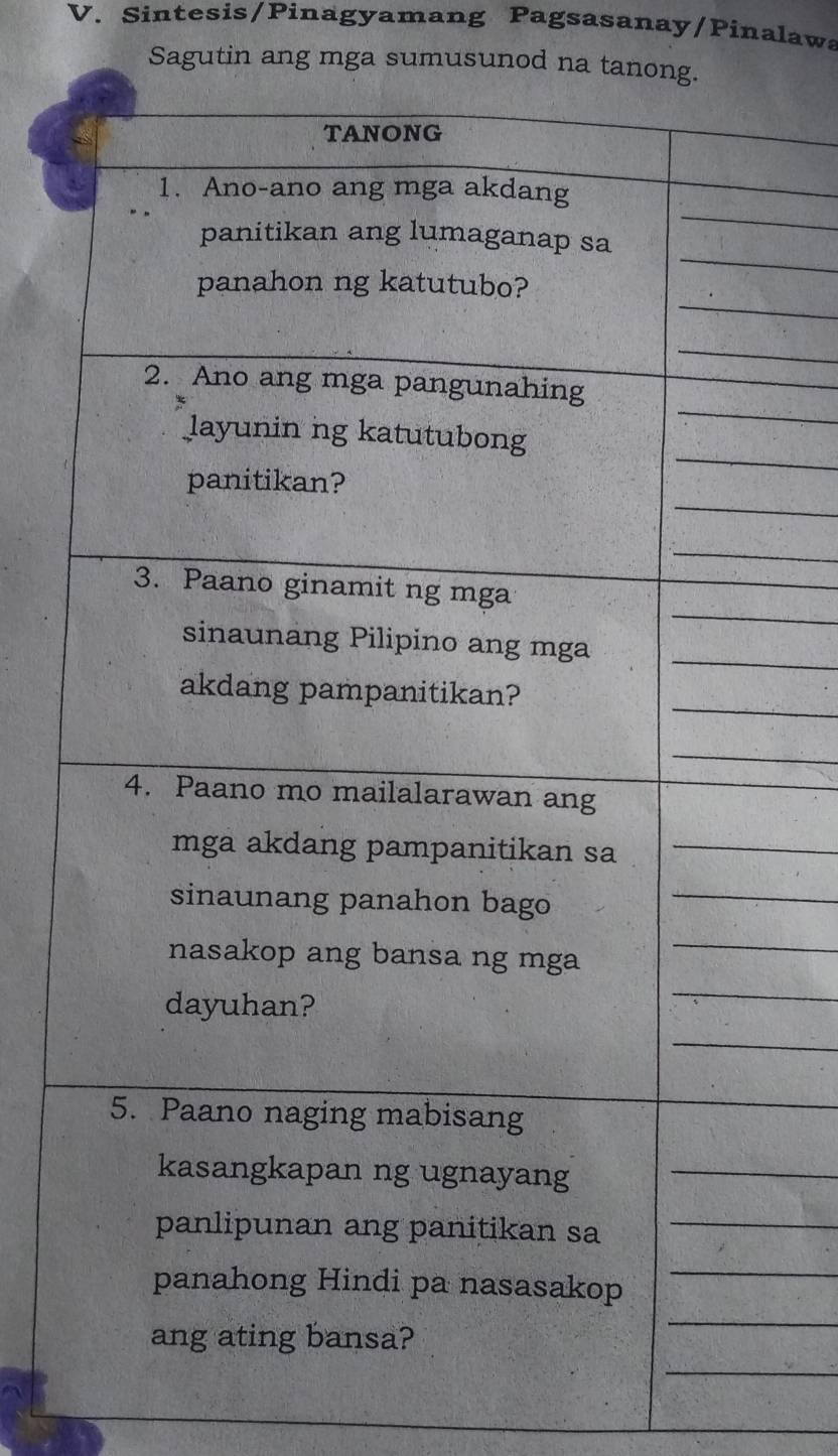 Sintesis/Pinagyamang Pagsasanay/Pinalawa 
Sagutin ang mga sumusunod na tanon 
_ 
_