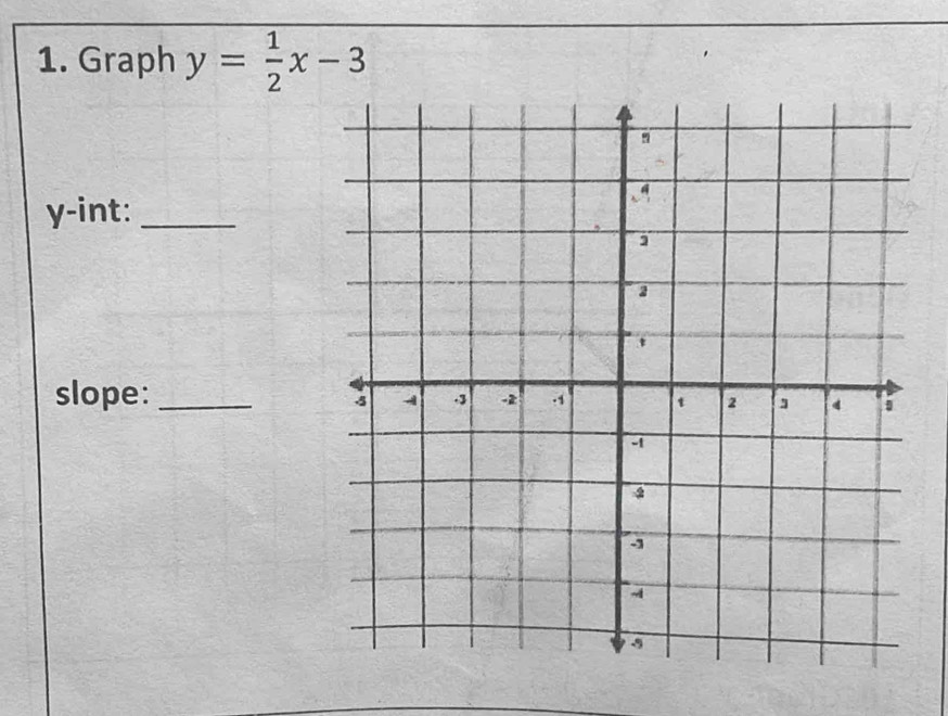 Graph y= 1/2 x-3
y -int:_ 
slope:_