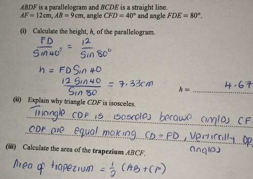 Solved: ABDF is a parallelogram and BCDE is a straight line. AF=12cm ...