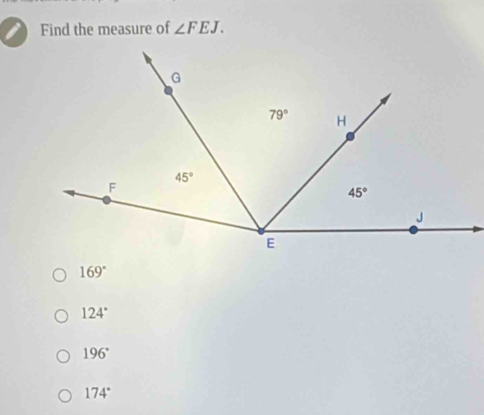 Find the measure of ∠ FEJ.
169°
124°
196°
174°