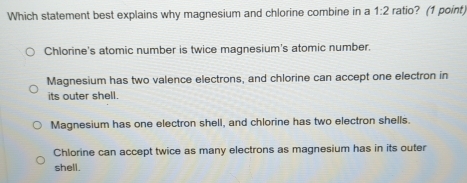 Solved: Which statement best explains why magnesium and chlorine ...