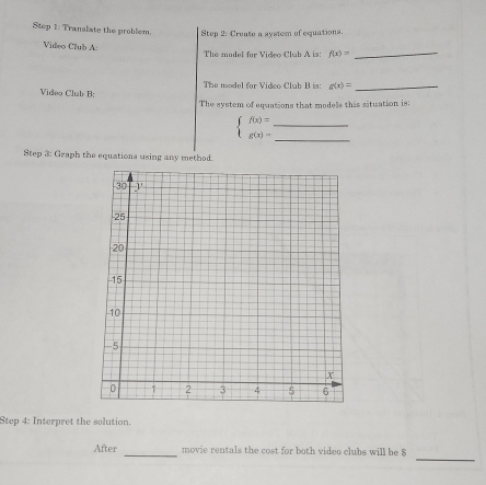 Translate the problem. Step 2: Create a system of equations.
Video Club A: The model for Video Club A is: f(x)= _
Video Club B: The model for Vidco Club B is: g(x)= _
The system of equations that models this situation is:
beginarrayl f(x)= g(x)=endarray. _
_
Step 3: Graph the equations using any method.
Step 4: Interpret the solution.
_
_
After movie rentals the cost for both video clubs will be S