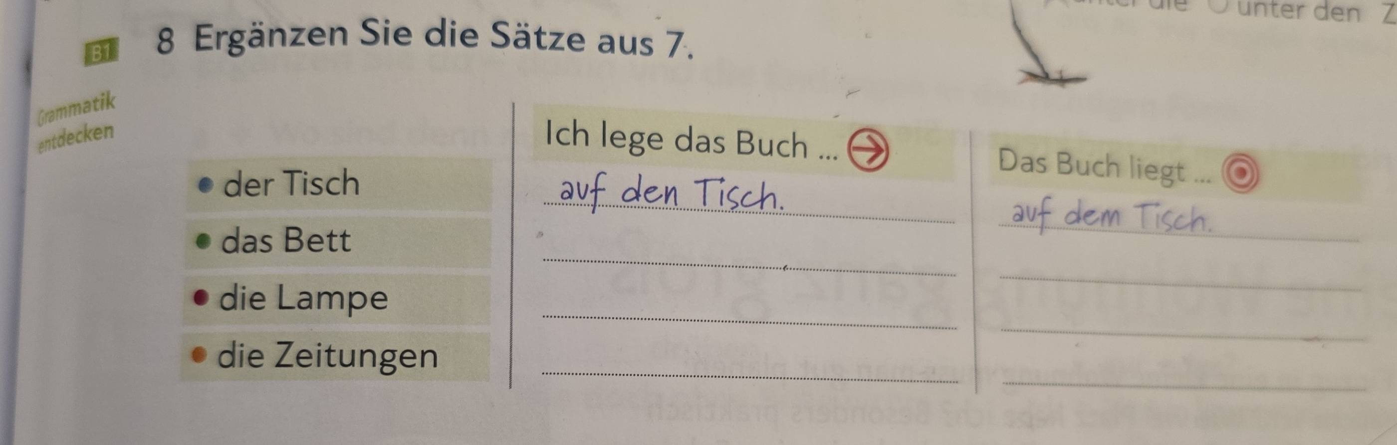 Ü ünter den Z 
B1 8 Ergänzen Sie die Sätze aus 7. 
Grammatik 
entdecken Ich lege das Buch ... 
_ 
der Tisch 
Das Buch liegt ... 
_ 
das Bett 
_ 
_ 
_ 
die Lampe 
_ 
_ 
die Zeitungen_