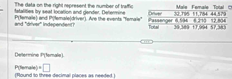 The data on the right represent the number of traffic 
fatalities by seat location and gender. Determine
P (female) and P (female|driver). Are the events "female 
and "driver" independent? 
Determine P (female).
P(female) =
(Round to three decimal places as needed.)