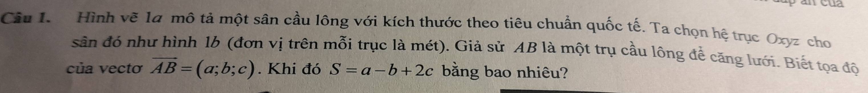 mcua
Câu 1. Hình vẽ 1a mô tả một sân cầu lông với kích thước theo tiêu chuẩn quốc tế. Ta chọn hệ trục Oxyz cho
sân đó như hình 16 (đơn vị trên mỗi trục là mét). Giả sử AB là một trụ cầu lông để căng lưới. Biết tọa độ
của vectơ vector AB=(a;b;c). Khi đó S=a-b+2c bằng bao nhiêu?