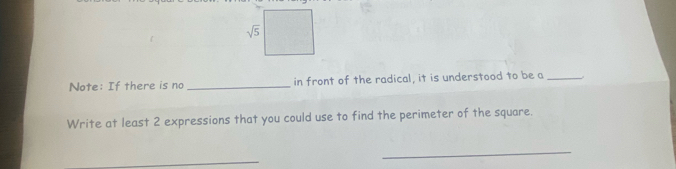 Note: If there is no _in front of the radical, it is understood to be a_
Write at least 2 expressions that you could use to find the perimeter of the square.
_
_