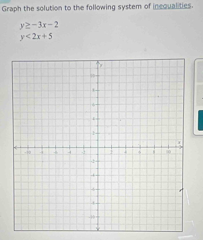 Graph the solution to the following system of inequalities.
y≥ -3x-2
y<2x+5