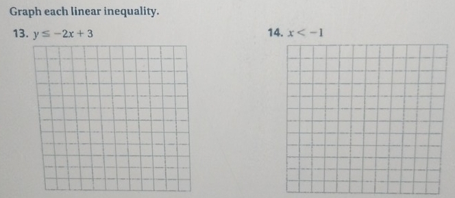 Graph each linear inequality. 
13. y≤ -2x+3 14. x