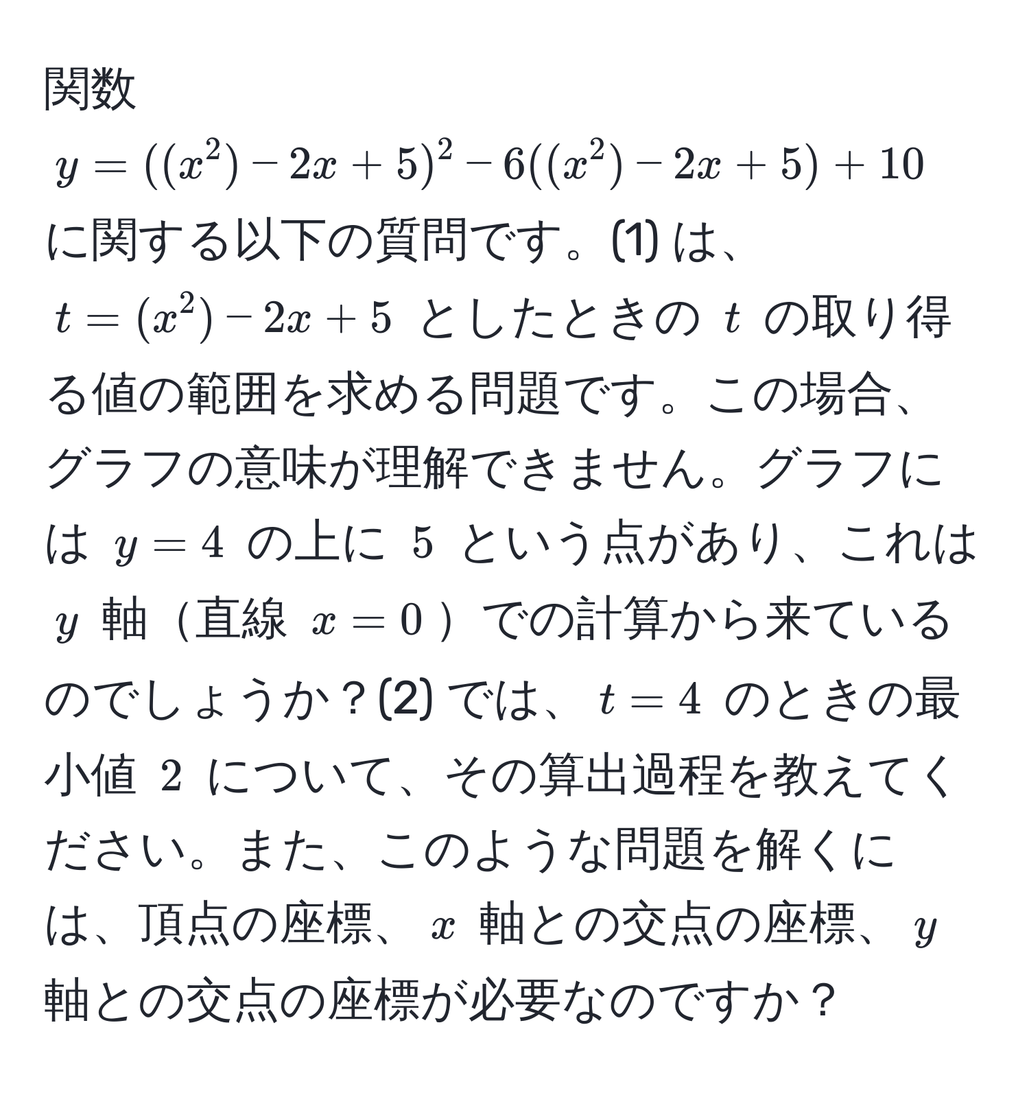 関数 $y=((x^2)-2x+5)^2-6((x^2)-2x+5)+10$ に関する以下の質問です。(1) は、$t=(x^2)-2x+5$ としたときの $t$ の取り得る値の範囲を求める問題です。この場合、グラフの意味が理解できません。グラフには $y=4$ の上に $5$ という点があり、これは $y$ 軸直線 $x=0$での計算から来ているのでしょうか？(2) では、$t=4$ のときの最小値 $2$ について、その算出過程を教えてください。また、このような問題を解くには、頂点の座標、$x$ 軸との交点の座標、$y$ 軸との交点の座標が必要なのですか？